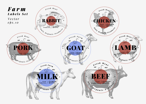 Labels with farm animals. Hand drawn animals set templates. Vector vintage illustrations. Can be use for packaging, menu for shops, restaurants and markets of organic food.