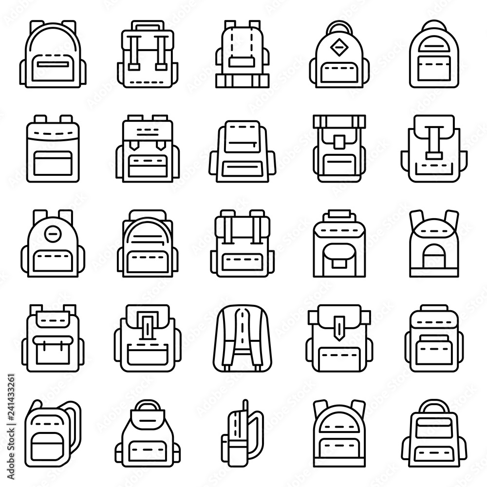 Poster backpack icon set. outline set of backpack vector icons for web design isolated on white background