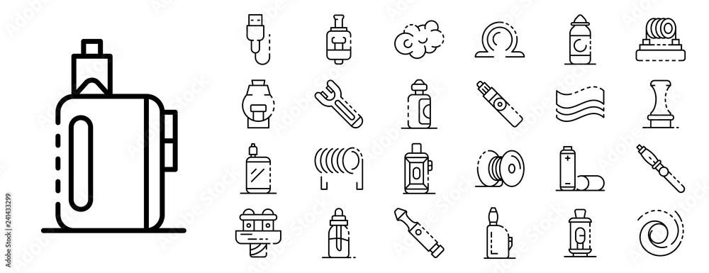 Poster electronic cigarette icon set. outline set of electronic cigarette vector icons for web design isola