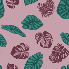Vector Tropic Seamless Pattern. Philodendron and Alocasia Leaves. Hand Drawn Jungle Foliage in Watercolor Style. Exotic Background. Seamless Tropic Leaf for Textile, Cloth, Fabric, Decoration, Paper.