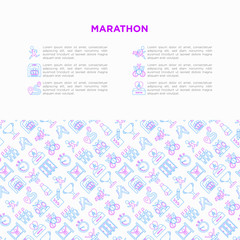 Fototapeta na wymiar Marathon concept with thin line icons: runner, start, finish, running shoes, bottle of water, route, award, changing room, memory photo, donation, fan zone. Vector illustration, print media template.