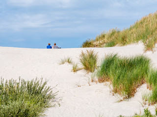 Rear view of two people sitting together on sand dune in nature reserve Het Oerd on West Frisian island Ameland, Friesland, Netherlands