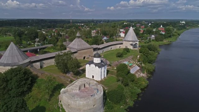 Flight over the Staraya Ladoga fortress and the Volkhov River, Russia, 4k
