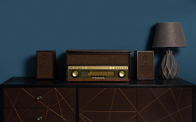 wooden retro style Music station with table lamp on wooden cabinet