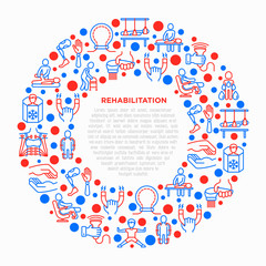 Rehabilitation for disabled concept in circle with thin line icons: magnetic therapy, laser, massage, exoskeleton, cryotherapy, biomechatronics, suspension system. Vector illustration for print media