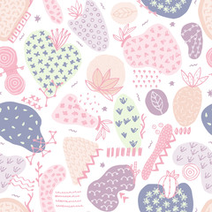 Vector seamless pattern with hand drawn abstract shapes. Spotted and textured figures. Unique design. Creative background. Applique. Freehand style. Wallpaper, textile, wrapping, print on clothes