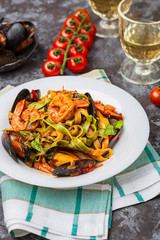 Homemade Italian Seafood Pasta with Mussels and Shrimp