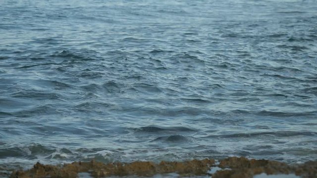Foamy sea waves wash the rocky shore. Small waves on a summer day off the coast of Cyprus.