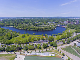 Charles River and Eliot Bridge aerial view in Allston, Boston, Massachusetts, USA.