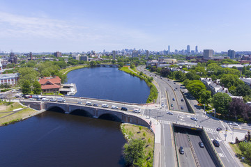 Charles River and Anderson Memorial Bridge aerial view in Allston with Boston skyline at the...