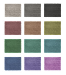 Fototapeta premium Set of 9 modern monochrome and colored carpet, rug with fur, isolated on white background, top view, plan, above, contemporary furniture concept idea, mock-up template