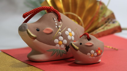 亥年 和小物と猪親子の置物