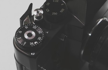 close up scene of retro 35mm film camera. vintage camera with black and white effect