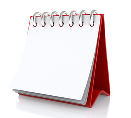 A paper white calendar stands on the table. Isolated on White Background - 3d Illustration