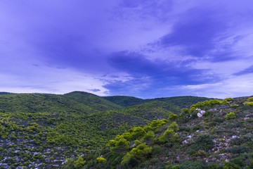 Greece, Zakynthos, Mountain landscape and untouched nature in magical twilight after sunset