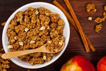 Organic Apple Cinnamon Granola Macro. Selective focus.
