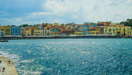 Beautiful cityscape and promenade. View of the old port of Chania, Crete, Greece.