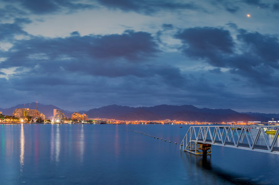 Early morning on the central beach of Eilat - famous tourist resort and recreational city in Israel