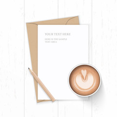 Flat lay top view elegant white composition letter kraft paper envelopecoffee and pencil on wooden background