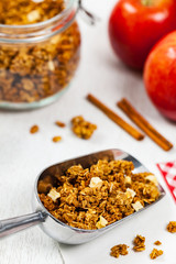 Scoop Full of Organic Apple Cinnamon Granola. Selective focus.