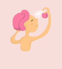 Cute girl with toilet water. She has towel on head. Light colors. Pink color. On pink backgroung. Isolated illustration.