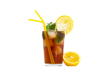 large glass of iced tea with mint and lemon, isolated on white background
