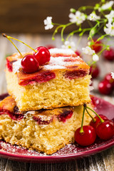 Tart Cherry Cake with Powdered Sugar. Panoramic image. Selective focus.