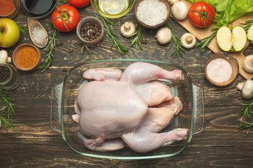 Cooking fresh chicken for a festive dinner, recipe book, menu, recipe cooking, restaurant business. Background, top view, Flat-lay
