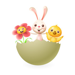 Bunny chicken and flower celebrate Easter in hatched egg - vector illustration isolated on white background