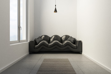 Kleiner Raum mit wenig Platz und gestauchtem Sofa - obrazy, fototapety, plakaty