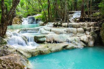 Erawan Falls (The fifth waterfall – Buer Mai Long) with emerald green ponds in Erawan  National Park.