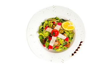 Fresh seafood salad at restaurant isolated on white