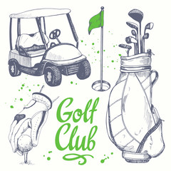 Golf set with shoes, car, putter, ball, gloves, flag, bag. Vector set of hand-drawn sports equipment. Illustration in sketch style on white background. Handwritten ink lettering.