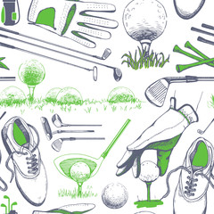 Seamless golf pattern with basket, shoes, car, putter, ball, gloves, flag, bag. Vector set of hand-drawn sports equipment. Illustration in sketch style on white background.