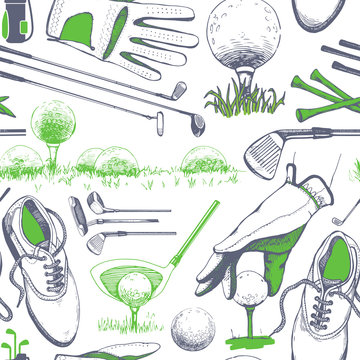 Seamless Golf Pattern With Basket, Shoes, Car, Putter, Ball, Gloves, Flag, Bag. Vector Set Of Hand-drawn Sports Equipment. Illustration In Sketch Style On White Background.