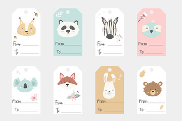 Big set of tags and labels with hand drawn animals