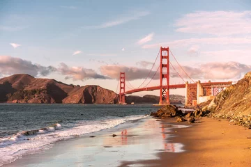 Poster Golden gate bridge at golden hour view from Marshal's beach. © juhrozian