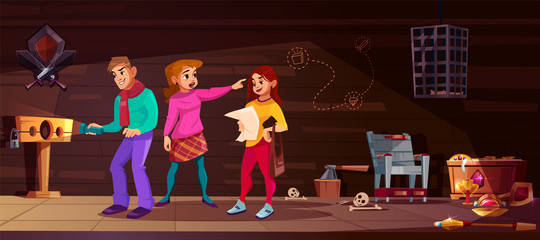 Vector cartoon background for game, quest with people in medieval torture hall. Escape room with guy and girls. Man with flashlight searches out the exit. Scaffold, torment chair and bones on floor.