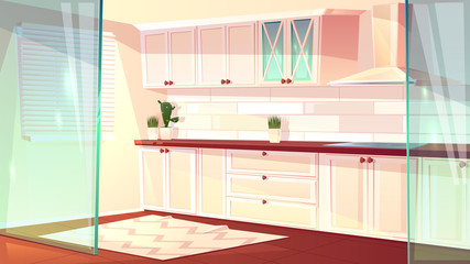 Vector cartoon illustration of empty bright kitchen in white color. Spacious cooking room with exhaust hood and oven. Cozy carpet on wooden floor, glass walls. Cupboard and shelves for dishes.