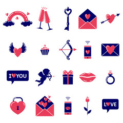 Set of valentine's day symbols on white background. Valentines day icons. Symbols of love - heart, cupid, arrow, valentine, gift, lips, rose, ring, key, lock, message, rainbow, glasses, cake.