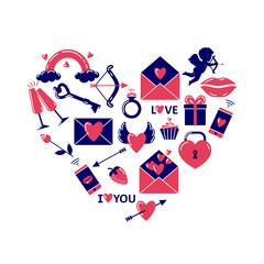 A set of symbols of Valentine's Day, enclosed in a heart shape. Valentines day icons. Symbols of love - heart, cupid, arrow, valentine, gift, lips, rose, ring, key, lock, message, rainbow, glasses.