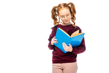 adorable schoolgirl in glasses reading book isolated on white