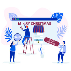 Website template. The girl holds a sign with the inscription "Sale". The guy keeps the button with the text "Start shopping". The young man on the ladder makes the inscription "Merry Christmas"