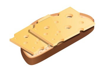 White bread with a thin layer of hard cheese on a white background. Cheese sandwich in isometric style, healthy dietary wholesome food. Vector illustration