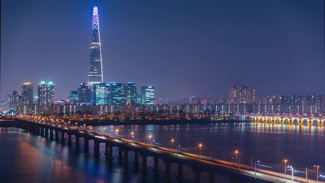 Night Time Lapse Of Traffic in Seoul City And Lotte Tower, South Korea. ProRes 422 in 4k