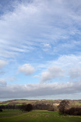 English country landscape with grass field sheep and large blue cloudy sky