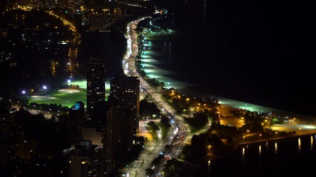 Chicago streets along Lake Michigan from above at night