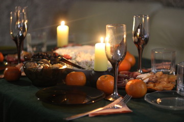christmas still life with candle and decorations