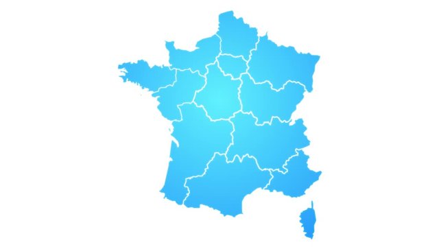 France Map Showing Up Intro With New Regions/ 4k animated france map intro background with new administrative regions appearing and fading one by one and camera movement