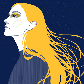 vector of a blonde girl with golden hair, face in profile, against a night starry sky